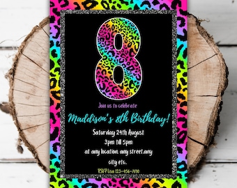 Printable Rainbow 8th Leopard animal print girls birthday invitation multicoloured neon cheetah glittery sparkly invite editable template C7