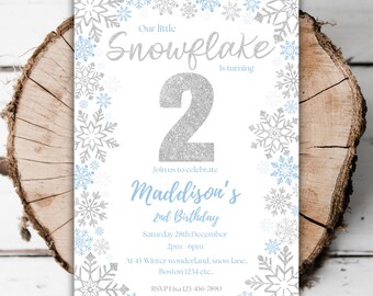 Printable Snowflake 2nd birthday invitation girls winter wonderland glitter editable Christmas birthday turning two frosty evite template I2