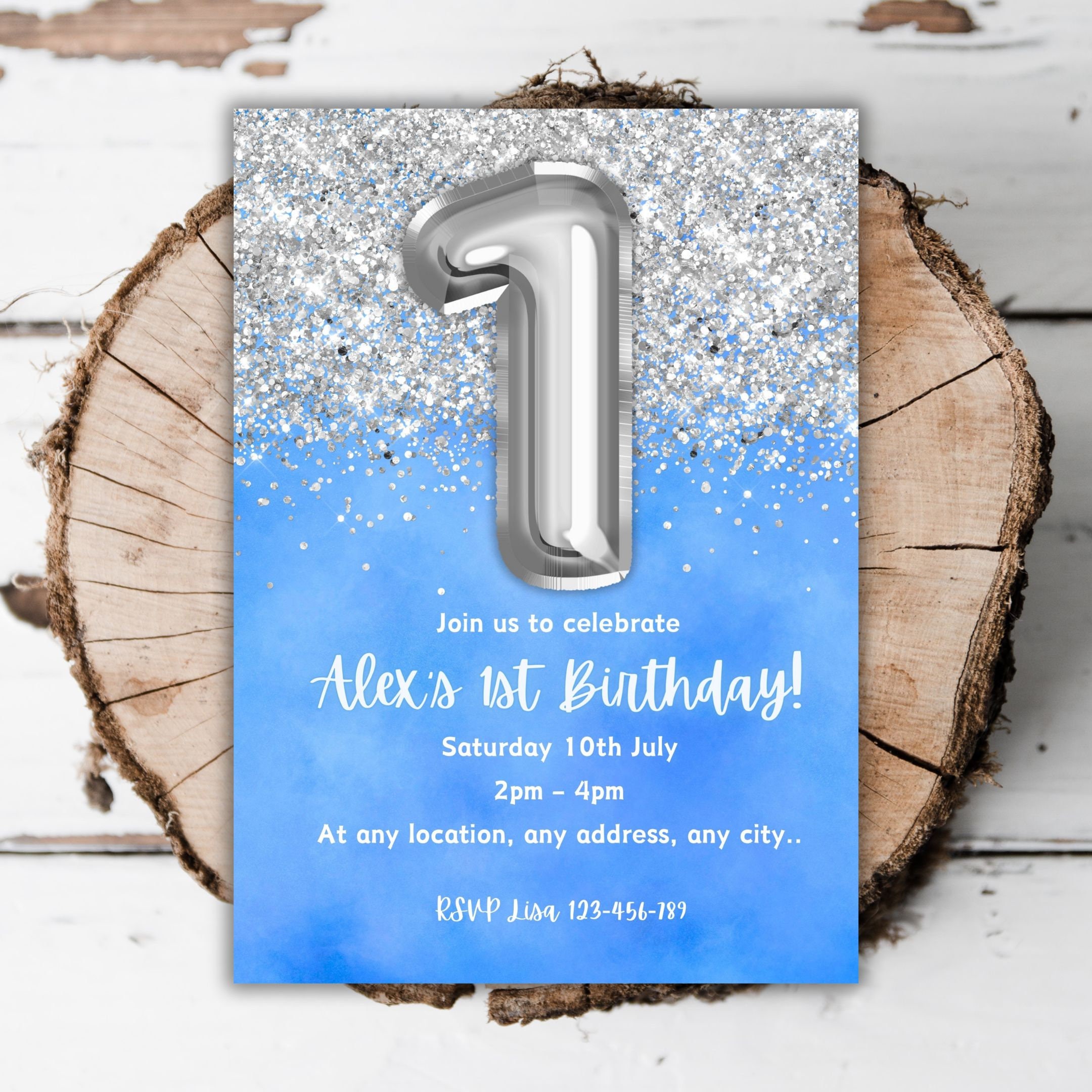 Personalized Photo First Birthday Invitations – Silver Blue Crown Theme, Pack Of 10