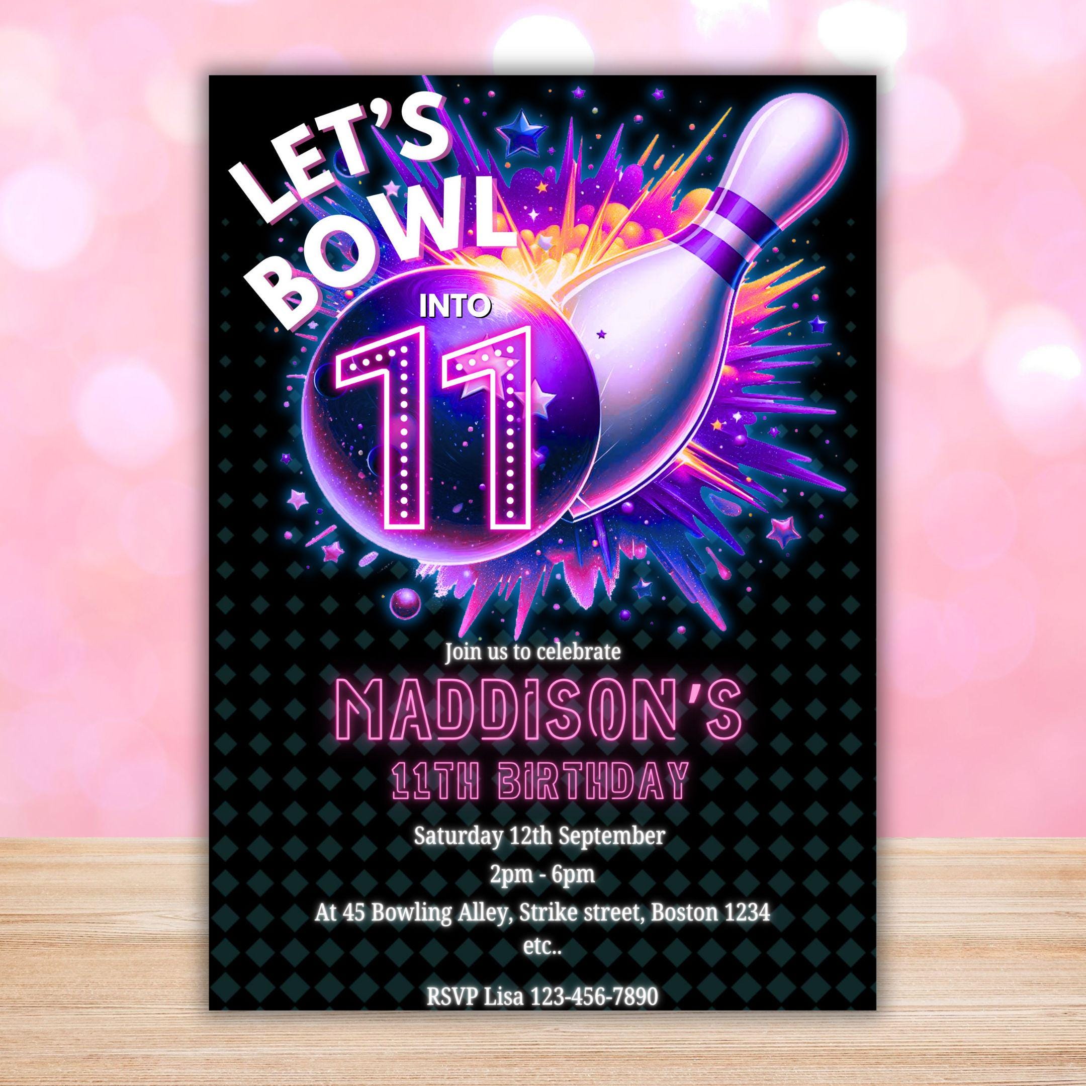 Printable Neon Bowling Girls 11th Birthday Invitation Glow