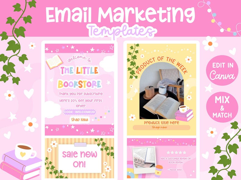 Bookish Email Marketing Templates, Editable Canva Email Banners, Pastel ...