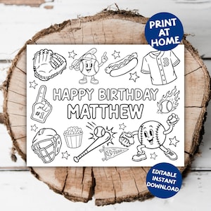May include: Black and white baseball-themed birthday card with the text "Happy Birthday Matthew." Includes illustrations of baseball equipment and a baseball character. Features "Print at Home" and "Editable Instant Download" labels.