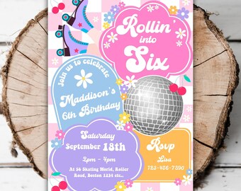 Afdrukbare pastel rolschaatsen meisjes 6e verjaardag uitnodiging rolschaatsen bewerkbare Retro Groovy Rolling into 6 Sixth Evite sjabloon K2