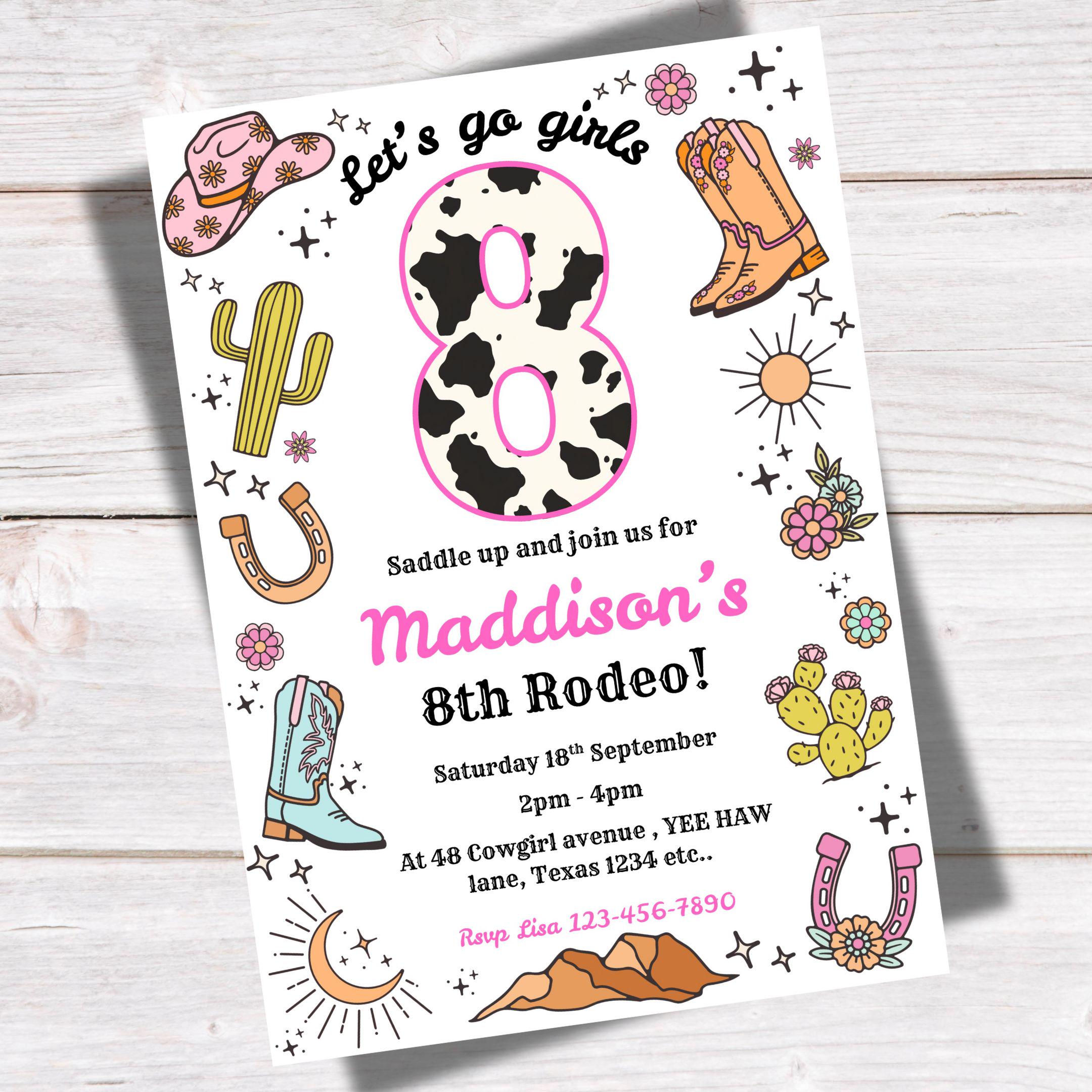 Printable Cowgirl 8th Birthday Invitation Girls Wild West Rodeo ...