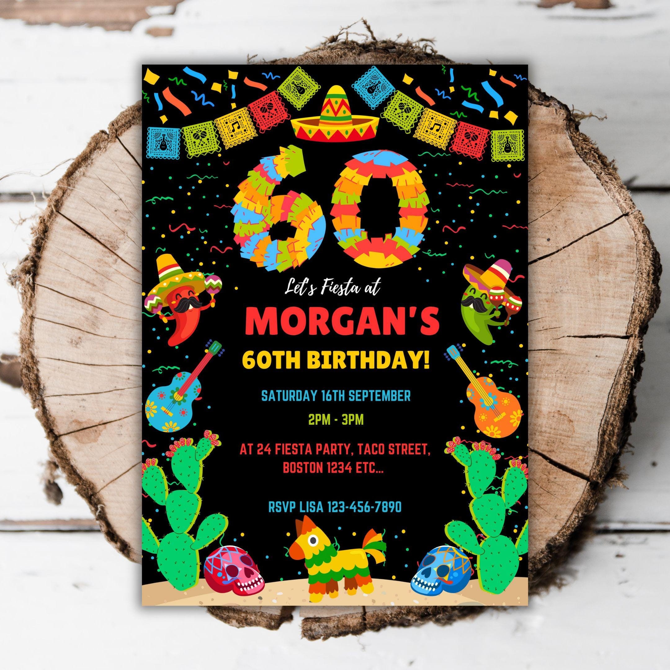 Printable Mexican 60th Birthday Invitation Fiesta Party Editable