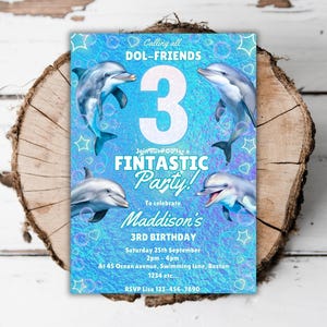 Invitation pour le 3e anniversaire d'un dauphin imprimable sous la mer, modèle d'évitement de cabosse de poisson modifiable J2