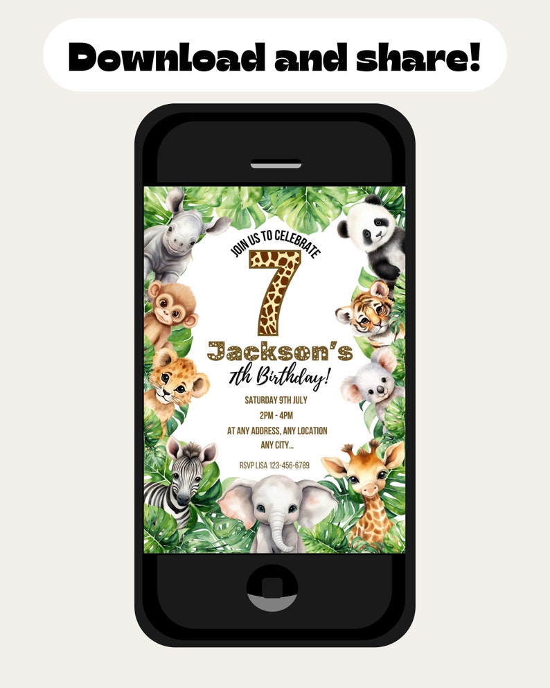 Printable Jungle Safari 7th Birthday Party Invitation Template Boys ...