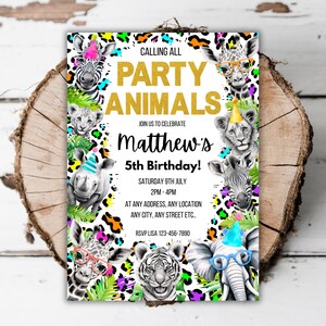 Printable Neon jungle safari rainbow party animals girls boys birthday invitation editable leopard print any age wild evite template E9