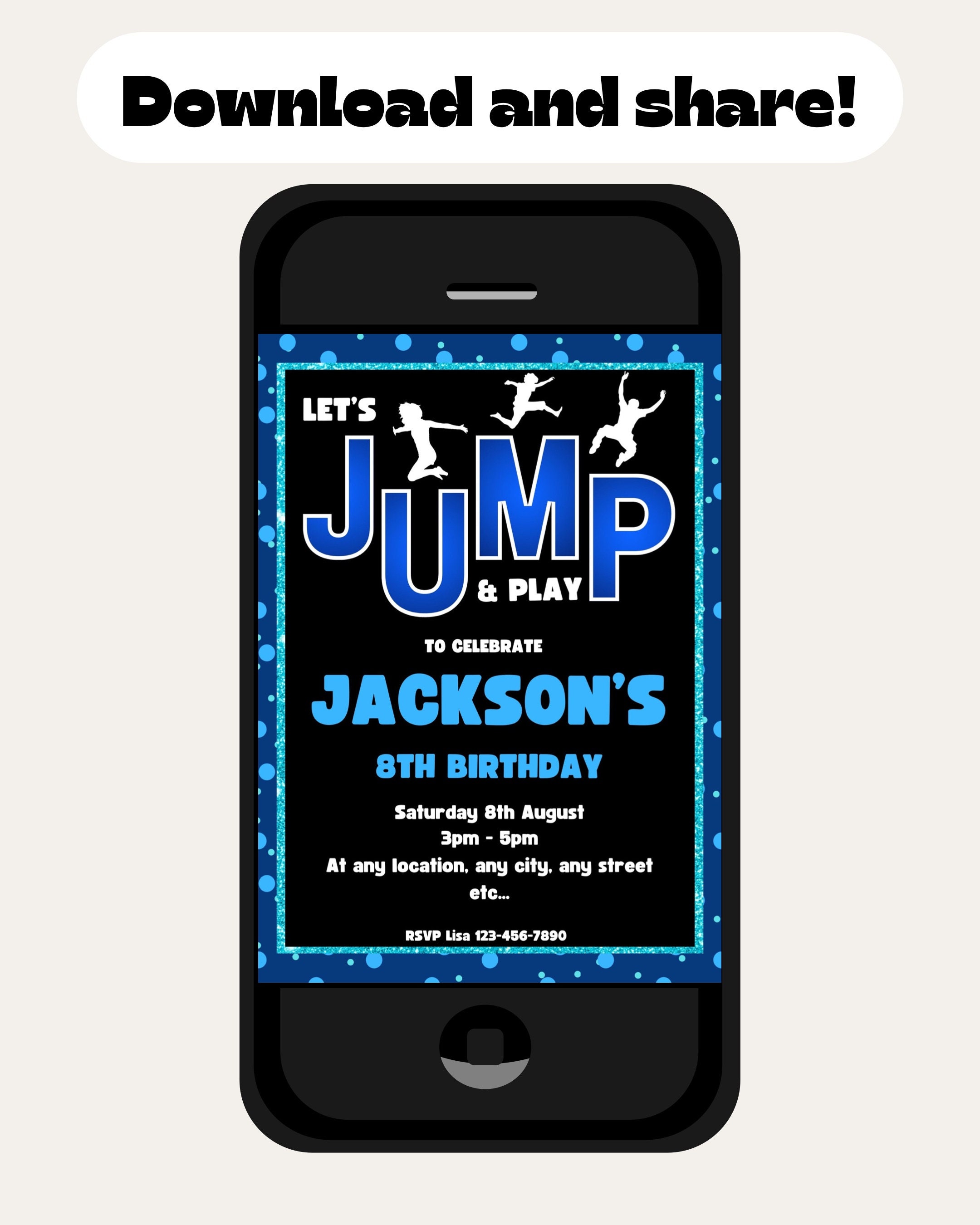 Printable Jump Trampoline Park Blue Polka Dots Glitter Boys Birthday ...