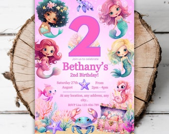 Modèle imprimable d'invitation de fête d'anniversaire de sirène pour filles sous la mer, invitation pour 2e anniversaire sirène modifiable, avoir deux ans B5