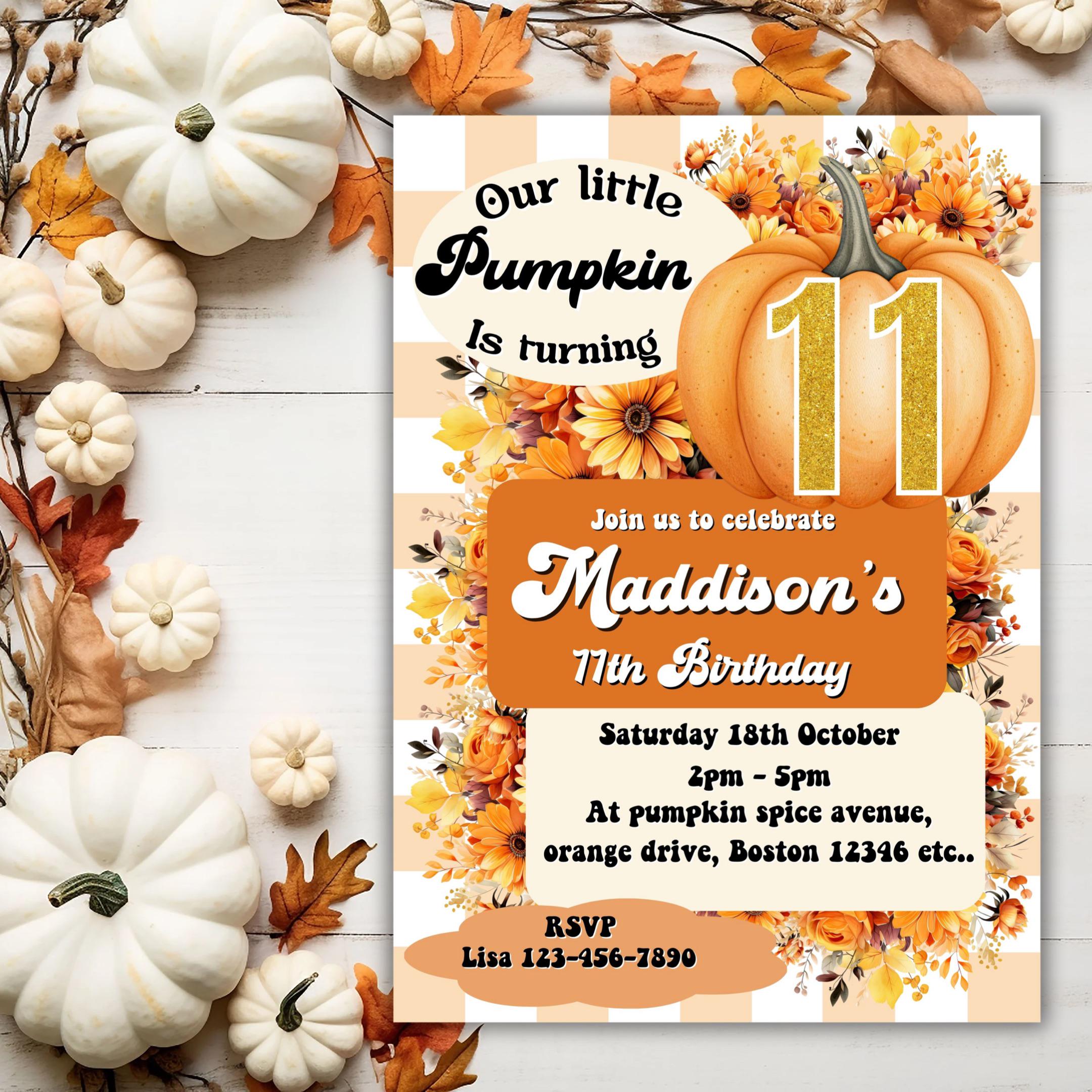 Printable Pumpkin 11th Birthday Invitation Girls Retro Fall Turning ...