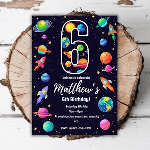 Printable Glow Outer Space birthday party invitation boys neon cosmic editable template boys 6th birthday invite space turning Six evite A1