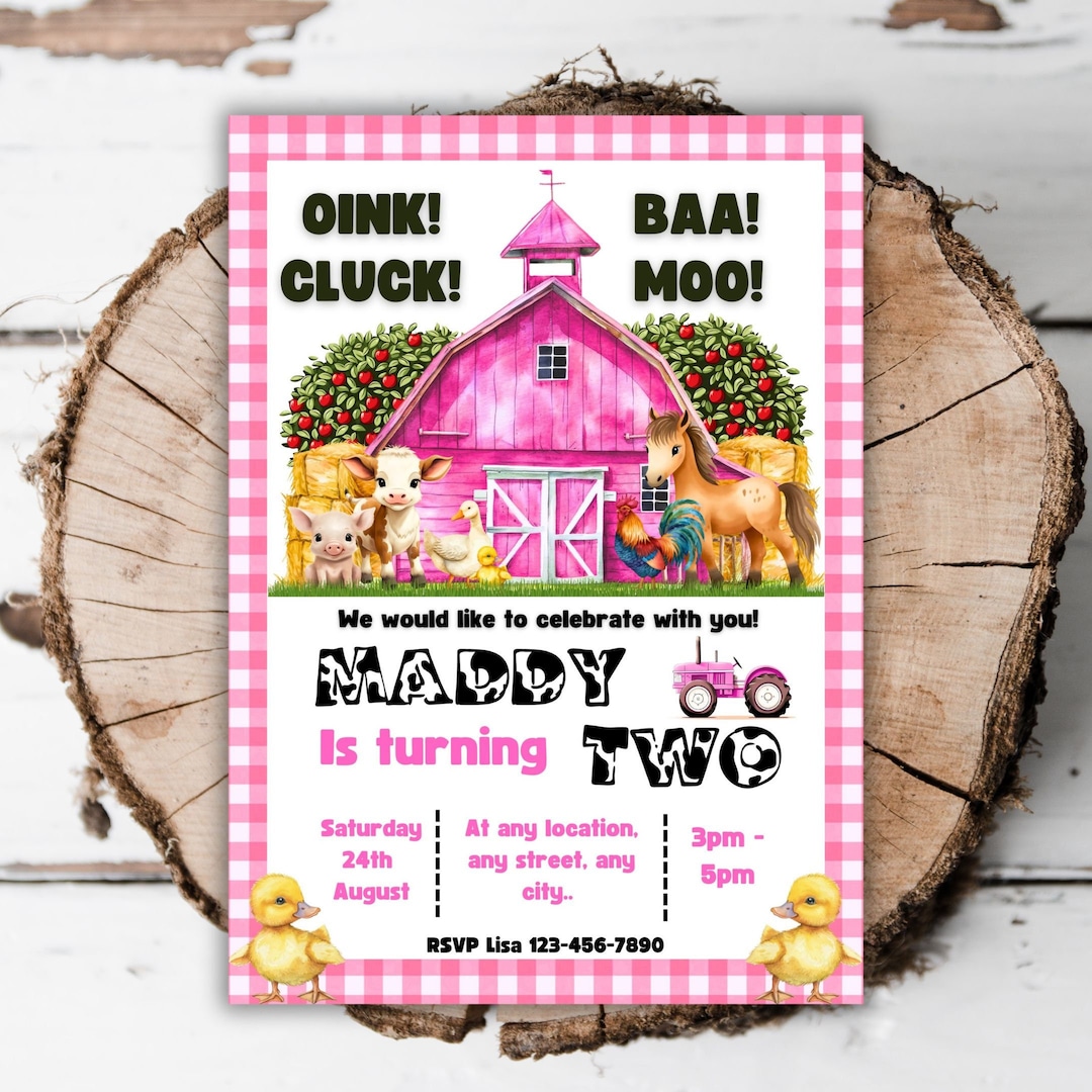Printable Pink Farm Birthday Party Invitation Barnyard Animals Editable ...
