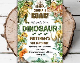 May include: A green and brown dinosaur birthday party invitation with a green and white dinosaur illustration. The text reads "STOMP, CHOMP & ROAR! Let's party like a DINOSAUR MATTHEW'S 5TH BIRTHDAY Saturday 23rd September 2pm - 5pm At any location, any address, any city etc.. RSVP Lisa 123-456-7890"