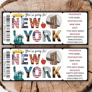 Modèle imprimable de carte d'embarquement pour New York Billet d'avion pour New York, billet modifiable pour un voyage surprise à New York