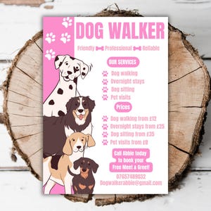 Puede incluir: Un folleto rosa y blanco para un servicio de paseo de perros, con ilustraciones de varias razas de perros. El texto dice "DOG WALKER" y enumera servicios como paseos de perros, estancias de una noche y visitas de mascotas. Se incluye información de contacto.