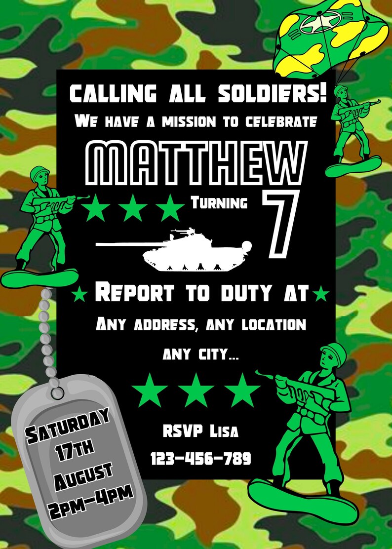 Printable Army Soldier Birthday Party Invitation Military Editable ...