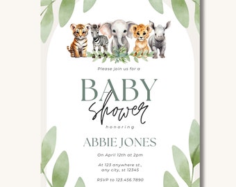 Könnte beinhalten: Eine Babyparty-Einladung mit einer Aquarell-Illustration einer Dschungelszene. Die Einladung zeigt einen Tiger, ein Zebra, einen Elefanten, einen Löwen und ein Nashorn. Der Text lautet: "Bitte nehmen Sie an unserer Babyparty zu Ehren von Abbie Jones am 12. April um 14:00 Uhr in der 123 anywhere st., any city, st 12345 teil. RSVP an 123.456.7890"
