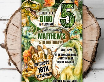 Convite para meninos dinossauros para impressão 5º aniversário Dino editável Jurassic fazendo cinco anos T. rex pré-histórico selva Dino Quinto modelo de convite G4