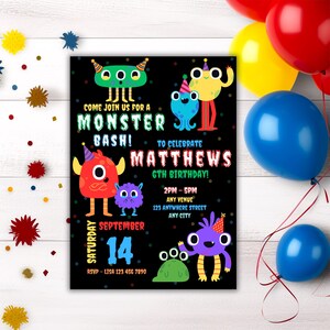 May include: A black invitation card with colorful monster illustrations and the text "COME JOIN US FOR A MONSTER BASH!" It also includes the text "TO CELEBRATE MATTHEWS 6TH BIRTHDAY!" and event details. Balloons are in the background.