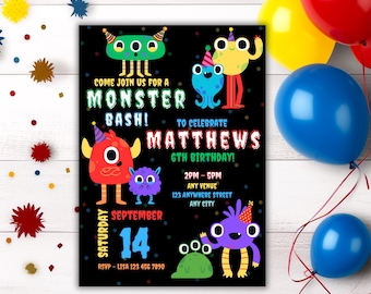 Printable Monster Birthday Party invitation monster bash template invite colourful birthday invitation kids party invite evite boys invite
