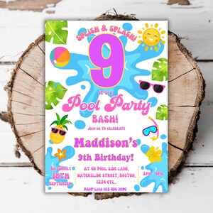 Afdrukbare zwembadfeest 9e verjaardagsuitnodiging waterpark bewerkbare meisjes 9e verjaardag strand zomer zwembadfeest draaien negen evite-sjabloon K7