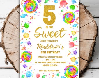 Printable Candy 5th birthday invitation 5 is so sweet editable candy turning five Sweet celebration lollipop sweets evite template I7