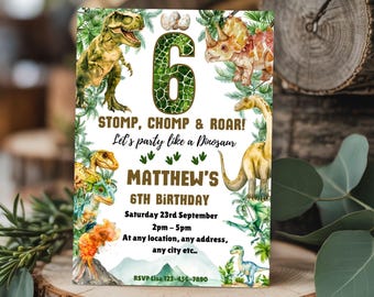 May include: A dinosaur-themed birthday invitation with a green and white background. The invitation features illustrations of various dinosaurs, the number 6, and the text "STOMP, CHOMP & ROAR!" and "MATTHEW'S 6TH BIRTHDAY". The invitation also includes the date, time, and RSVP information.