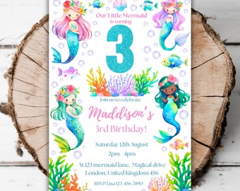 Afdrukbare zeemeermin 3e verjaardagsuitnodiging meisjes tropisch onder de zee bewerkbare magische glitter draaien drie aquarel evite-sjabloon F7