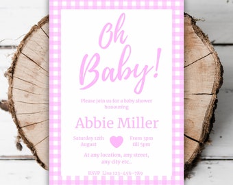 Druckbare rosa Gingham-Babyparty-Einladungsschablone Jungen-Babyparty einladen Mädchen-Babypartykaro-Picknick-Babyparty bearbeitbare evite