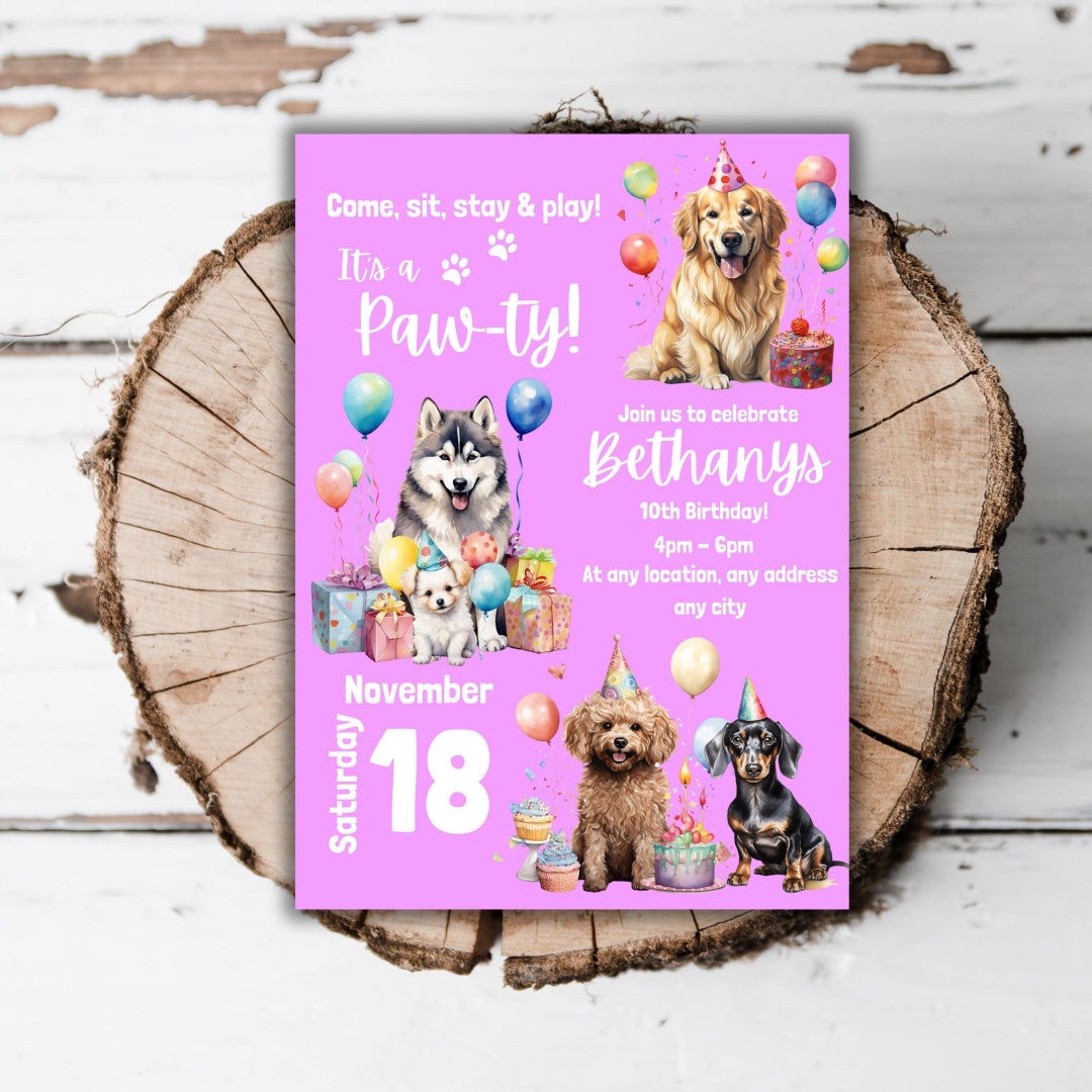 Printable Dog Puppy Birthday Party Invitation Pawty Pink Invite ...