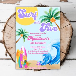 Printable Surf 5th birthday invitation girls surf into five editable beach turning five Retro Surfing pool party waves evite template M4