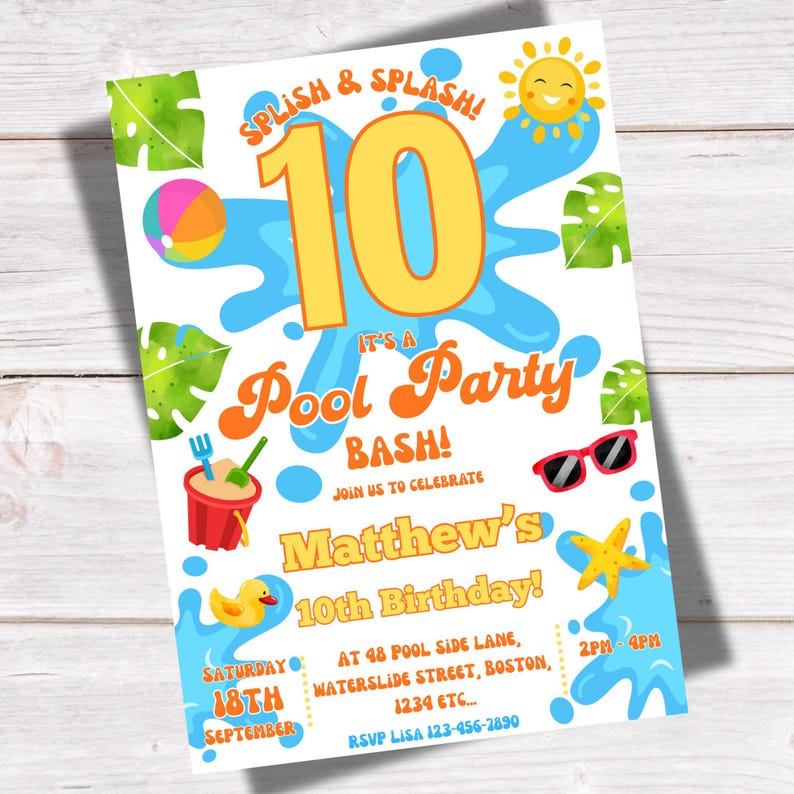 Printable Pool Party 10th Birthday Invitation Waterpark Editable Boys ...
