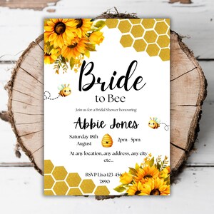Printable Bride to bee sunflower bridal shower invitation Gold glittery bumble bee editable invite honeycomb fall summer evite template E6