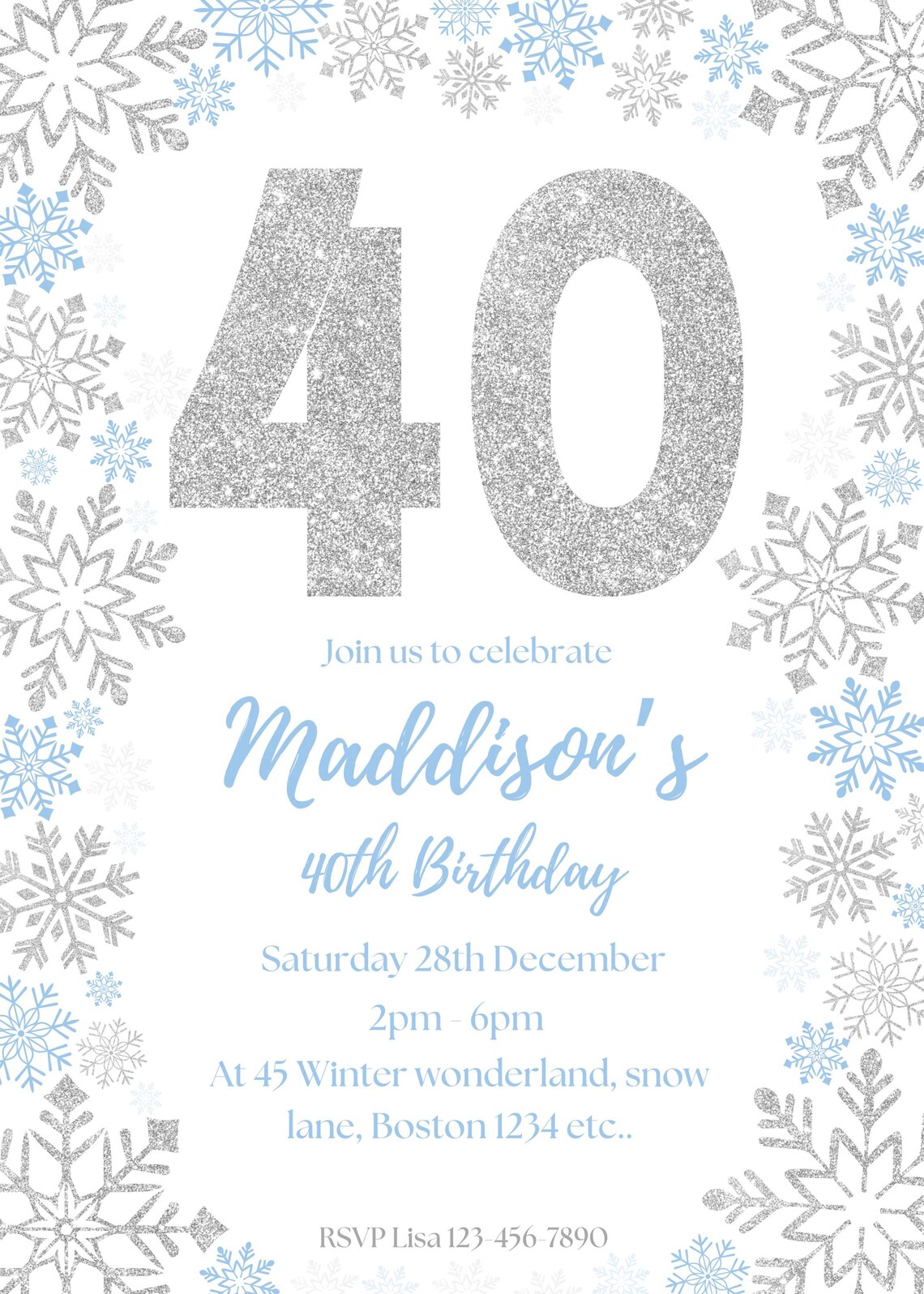 Printable Snowflake 40th Birthday Invitation Winter Wonderland Editable ...