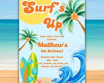 May include: A blue and white invitation with a beach theme. The invitation says "Surf's Up" and "Matthew's 5th Birthday!" with a date and time. The invitation has a palm tree, surfboard, and ocean waves.