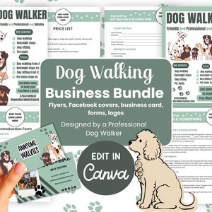 Könnte beinhalten: Ein digitales Business-Paket für Hundespaziergänger mit Vorlagen für Flyer, Preislisten, Formulare und Visitenkarten. Das Design enthält Illustrationen verschiedener Hunderassen, Pfotenabdrücke und Texte wie Dog Walker und Pawsome Walkies.