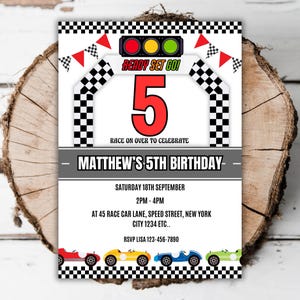 May include: A race car themed birthday invitation for a 5th birthday party. The invitation features a checkered flag finish line, a red traffic light, and the number 5 in a red circle. The text reads "Ready Set Go!" and "Matthew's 5th Birthday".