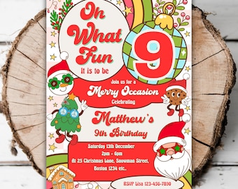 May include: A colorful Christmas-themed birthday invitation for a 9th birthday party. The invitation features a red and green ornament with the number 9, a snowman with sunglasses, a Christmas tree with sunglasses, and a gingerbread cookie with a smiling face. The text on the invitation reads "Oh What Fun It Is To Be" and "Join us for a Merry Occasion Celebrating Matthew's 9th Birthday". The invitation also includes the date, time, and location of the party.