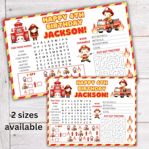 Peut inclure: Feuille d'activités de fête imprimable sur le thème des pompiers. La feuille comprend une recherche de mots, un mot mêlé, un labyrinthe et un jeu de l'I-Spy. La feuille est personnalisée avec le nom "Jackson" et l'âge "4th".