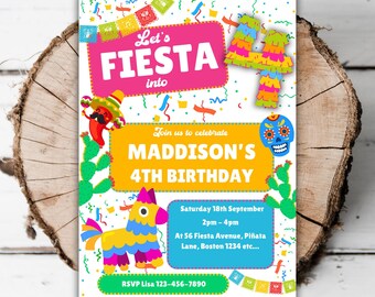 Printable Fiesta 4th birthday invitation 4th Mexican party editable Taco theme turning four Spanish girls piñata phone evite template M6