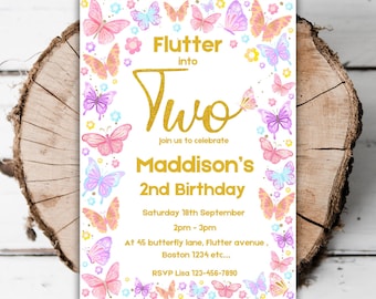 Printable butterfly 2nd birthday invitation girls floral butterfly editable pink butterfly turning two spring flowers evite template J1