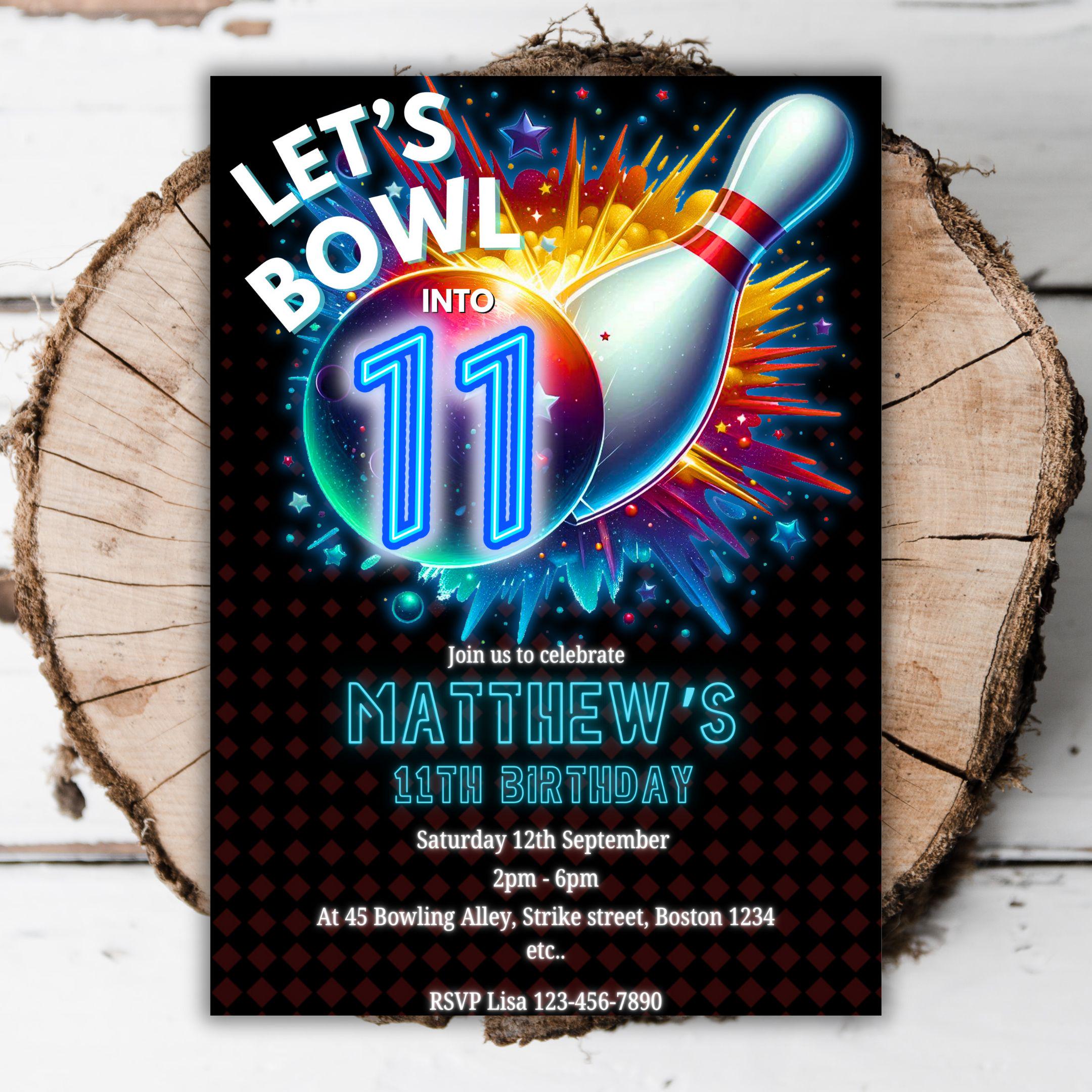 Printable Neon Bowling Boys 11th Birthday Invitation Glow Editable