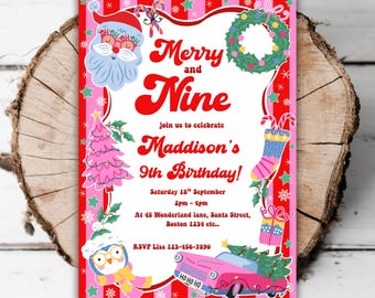Può includere: Un invito di compleanno festivo con uno sfondo a righe rosse e rosa. L'invito presenta Babbo Natale, un albero di Natale e un'auto rosa. Il testo recita "Merry and Nine" e "Maddison's 9th Birthday!"