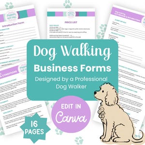 Peut inclure: Un ensemble de seize formulaires pour entreprise de promenade de chiens avec un code couleur turquoise et violet. Les documents incluent un formulaire d'introduction, une liste de prix et un formulaire de retour de clés. Une illustration de chien et le texte Dog Walking Business Forms, Edit in Canva, 16 Pages.