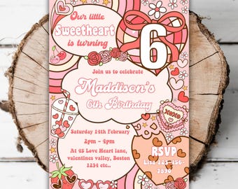Druckbare Groovy Sweetheart 6.Geburtstags-Party Einladung Valentinsgrüßen Mädchen 6.Geburtstag Herz Liebe drehen sechs evité Vorlage J5