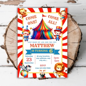 Druckbare Zirkus Geburtstagseinladung rot und weiß Karneval Ticket bearbeitbar Größte Show jedes Alter Rummelplatz Kirmes evite Vorlage E4