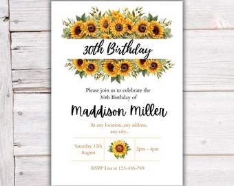 Printable Sunflower Adult birthday party invitation 30th 40th invite any age flower invitation womens party invitation template editable D4