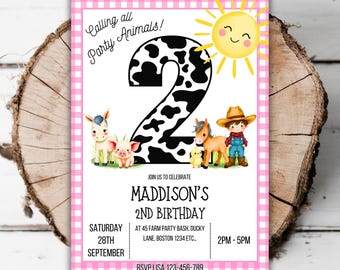 Printable Farm 2nd birthday party invitation Party animals editable girls 2nd birthday tractor barnyard ranch turning two evite template K3