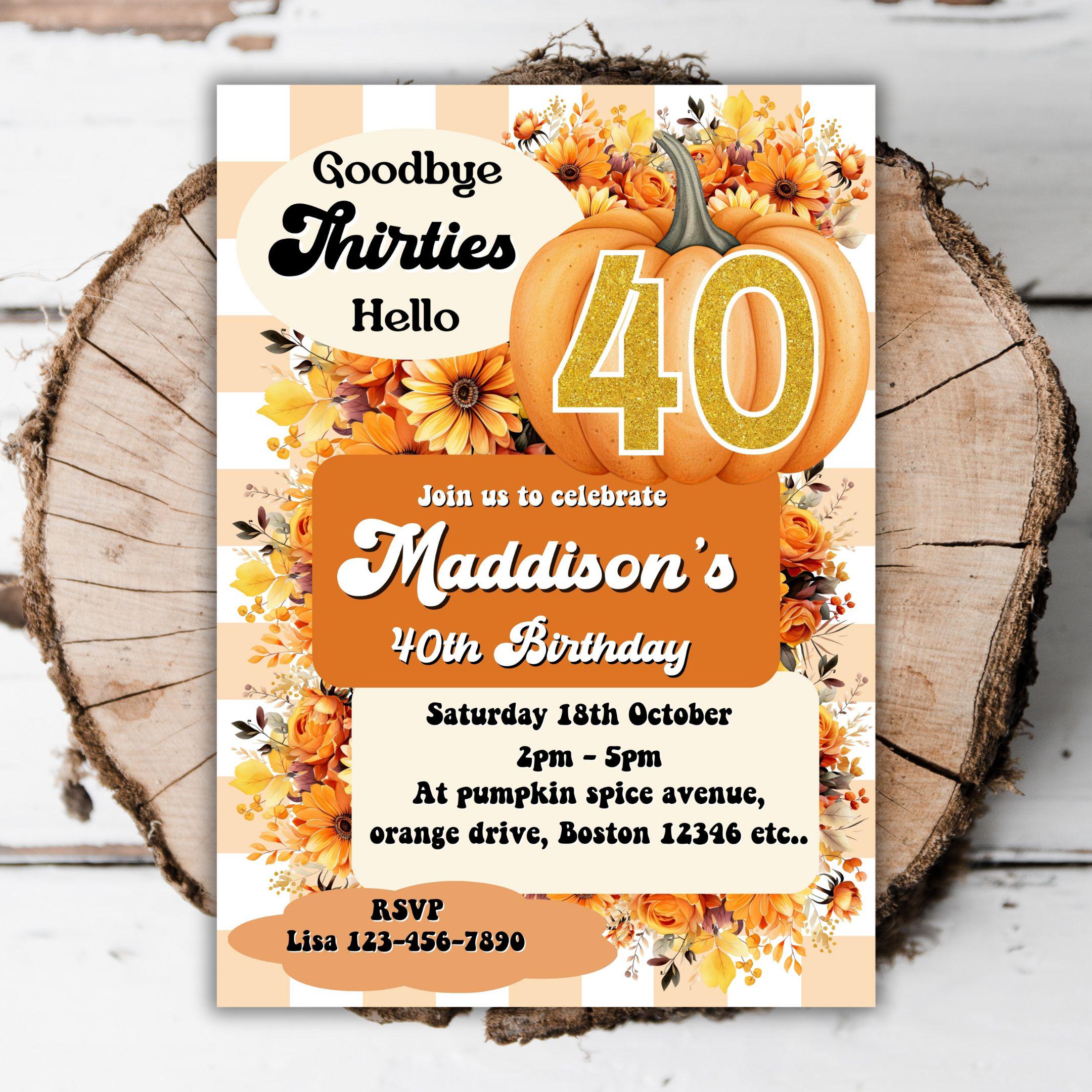 Printable Pumpkin 40th Birthday Invitation Woman's Retro Fall Turning ...